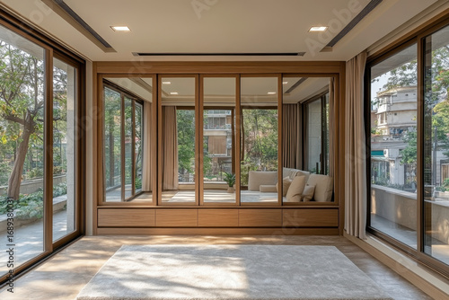 Large window and sliding doors in a spacious room.