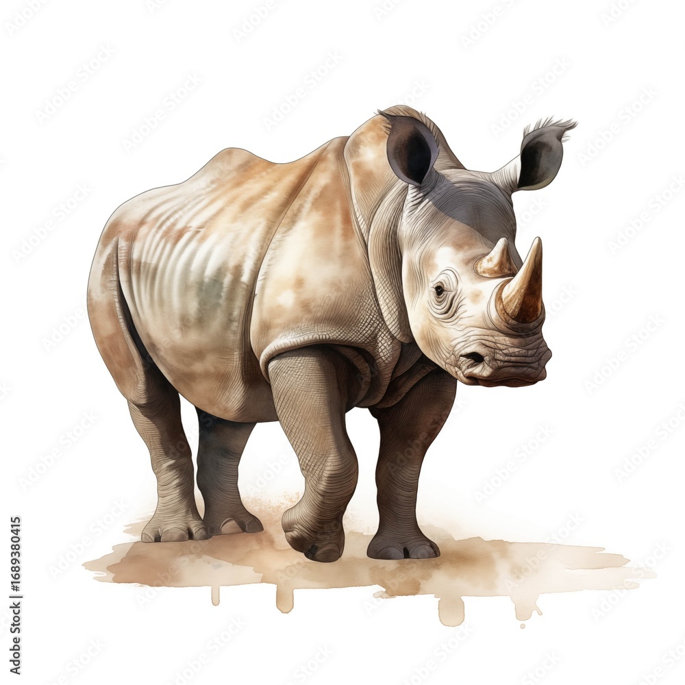 Obraz premium A detailed watercolor-style illustration shows a large adult white rhinoceros standing on light brown ground, facing forward.