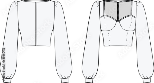 Long sleeve cropped blouse with puffed sleeves and corset-inspired front detailing, women's fashion top flat sketch, sewing pattern technical drawing