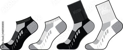 Set of ankle and crew athletic socks vector illustration, black and white sports sock designs with cushioning, breathable fabric, technical flat drawing template
