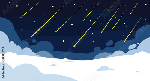 Vibrant meteor shower streaks across a magical starry night sky above clouds