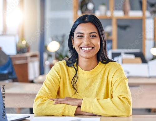 Woman in yellow sweater, smiling