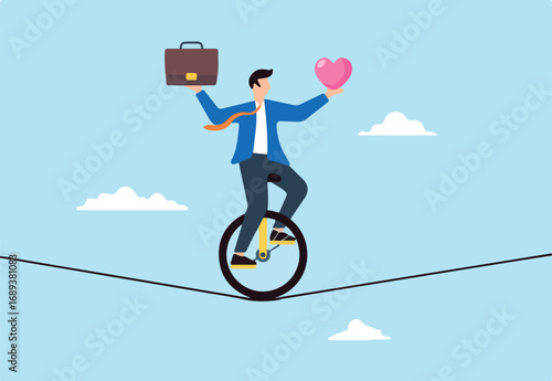 Businessman with unicycle balancing heart and briefcase