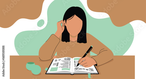 Focused woman thoughtfully planning her day, writing in a planner on a desk