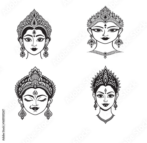 Monochrome Hindu Goddess Face and Head Set.  A monochrome vector set of various Hindu goddess faces.