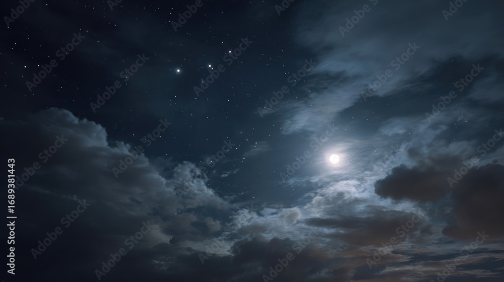 Fototapeta premium Night sky with bright moon and starlight peaking through dark, layered cloud formations
