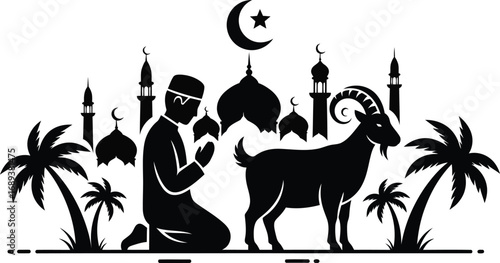 Eid al-Adha illustration with praying man, goat, mosque, moon and palm trees.