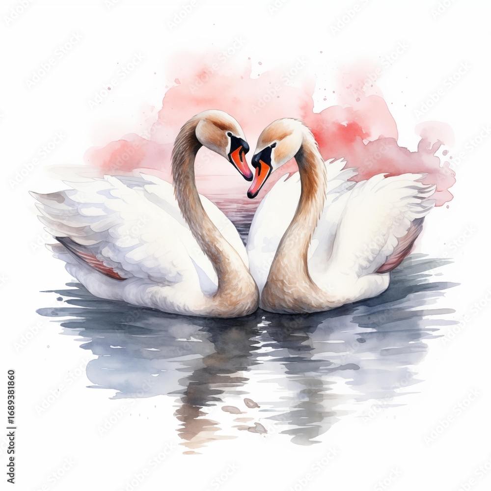 Fototapeta premium This watercolor painting depicts two white swans with brown necks creating a heart shape while floating on calm water with their reflections visible, all against a soft pink and white background.
