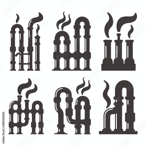 Set of six industrial factory chimney silhouettes with smoke plumes