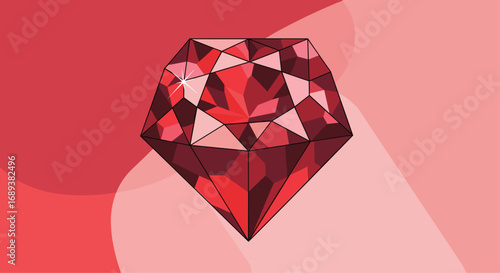 Sparkling deep red ruby gemstone catches light on soft pink and red gradient background