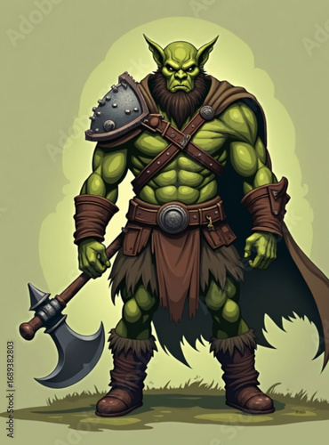 Orcish Warrior: A fearsome orc stands ready for battle. Armed with an ax. His rugged physique and piercing gaze convey a sense of power and readiness.