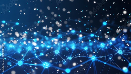 Vast Network of Glowing Blue Spheres and White Particles in Digital Space