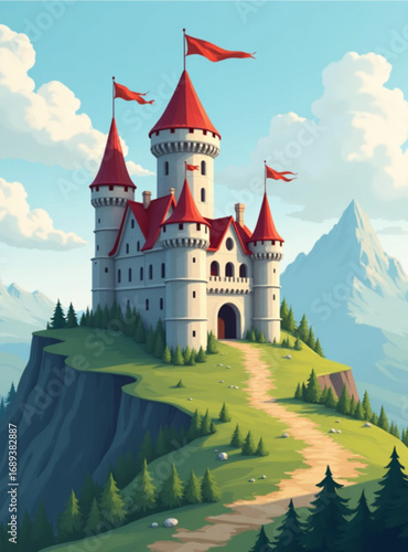 Enchanting Castle on the Hill: A vibrant cartoon illustration showcases a fairy-tale castle perched atop a lush green hill, adorned with red flags against a clear sky.