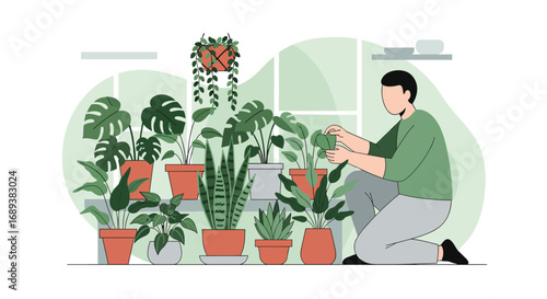 Man tending to lush indoor plants, creating a vibrant green urban oasis at home.