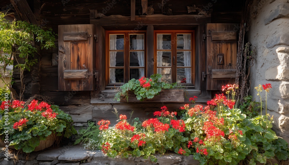 Fototapeta premium Red flowers bloom in a wooden window box. Rustic shutters frame the scene.