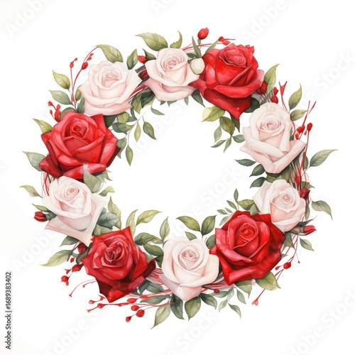 The illustration shows a circular arrangement of red and white roses, interspersed with green leaves and small red berries, creating a floral wreath.