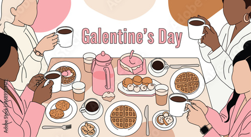 Friends celebrating Galentine's Day with a delicious breakfast gathering and coffee