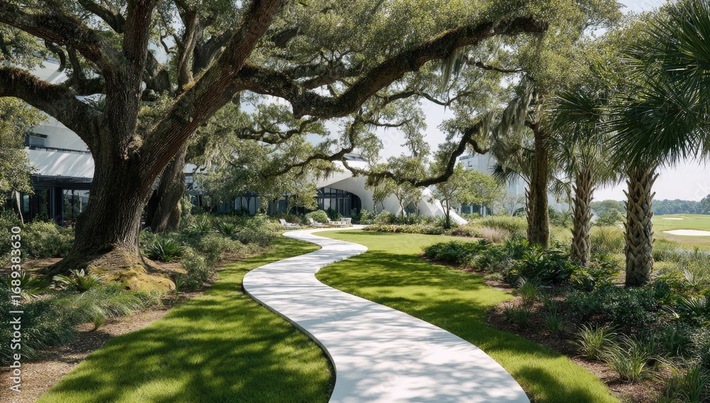 Naklejka premium Winding white path through lush landscaping, shaded by large trees, leading to modern architecture