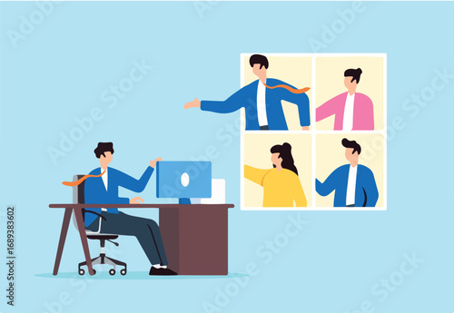 Businessman sitting in office engages in conference call with people working from home. Concept of hybrid work, work remotely from home or come into office, flexible workplace to enhance productivity