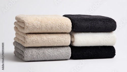 Stacked towels in various colors against a plain white background.  Soft, plush textures