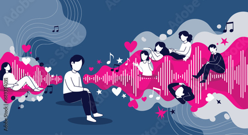 People enjoy music and sound waves, conveying connection and emotion in a vibrant abstract scene