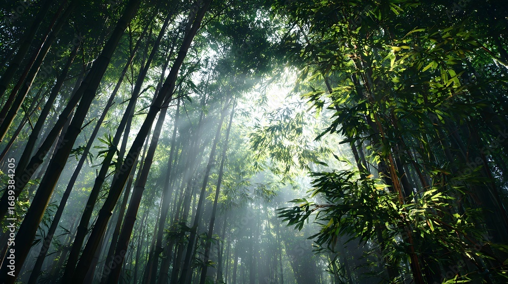 Fototapeta premium Bamboo Forest Exploration: Sunlight Rays and Green Foliage in Serene Nature Landscape, Eco-Friendly Tranquil Woods with Vibrant Greens, Pure Wilderness and Botanical Beauty