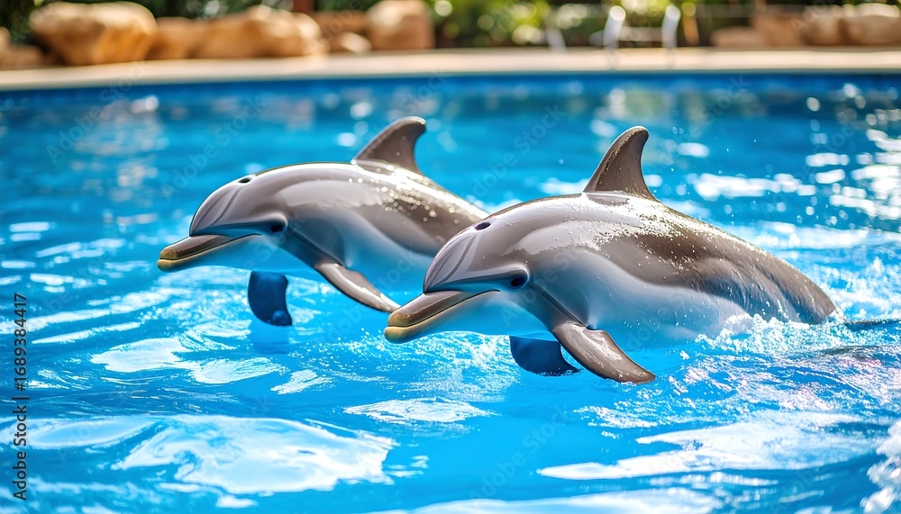 Fototapeta premium Two dolphins leaping in a pool