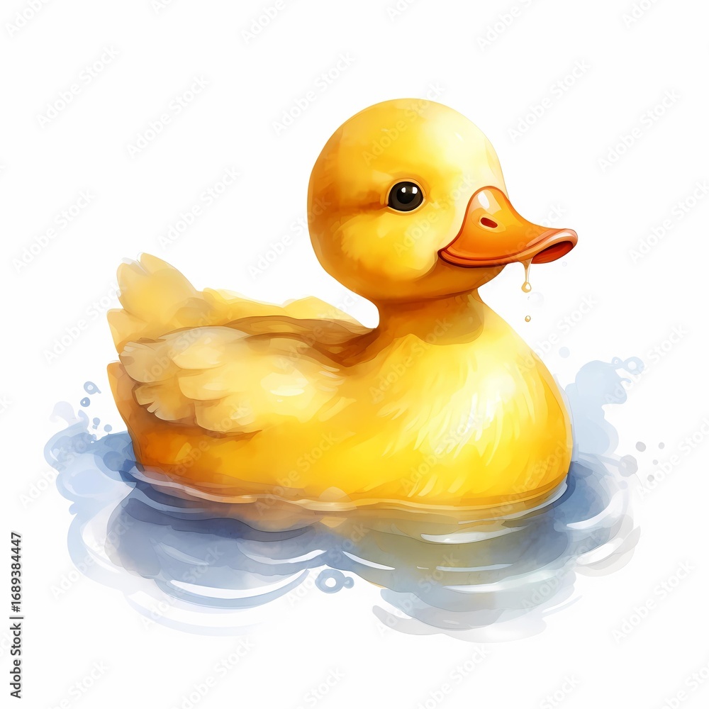 Fototapeta premium A digitally painted illustration shows a single yellow duckling swimming in clear blue water, a drop of water hanging from its beak.