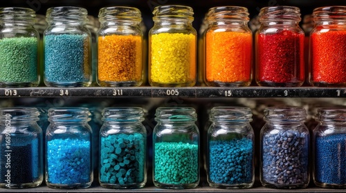 Colorful plastic samples in laboratory jars