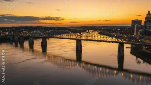 Wallpaper Mural A steel truss bridge spans a wide river during a sunset Torontodigital.ca