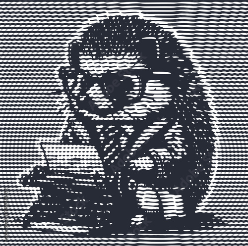 A quirky, hand-drawn hipster hedgehog with glasses uses an antique typewriter to write, capturing a creative and studious vibe