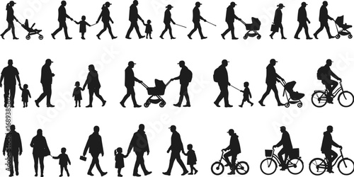 Silhouettes of walking family with children, stroller, father cycling, parenting moments, urban lifestyle, active movement, healthy family, casual stroll, outdoor activity, vector illustration