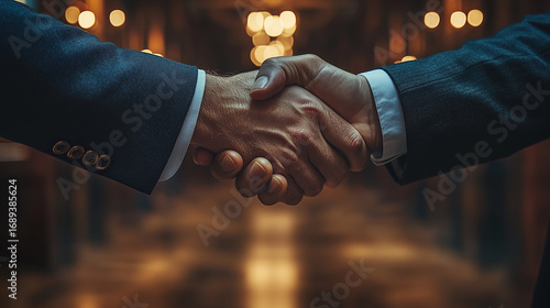 Two business people shaking hands, symbolizing successful partnership, agreement, and mutual trust in a formal setting.