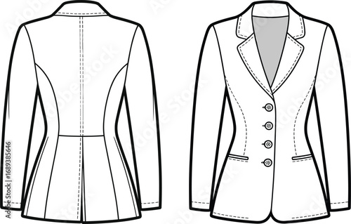 Women’s tailored blazer vector flat sketch, front and back technical drawing, buttoned jacket with lapel collar, fitted silhouette, fashion garment design template