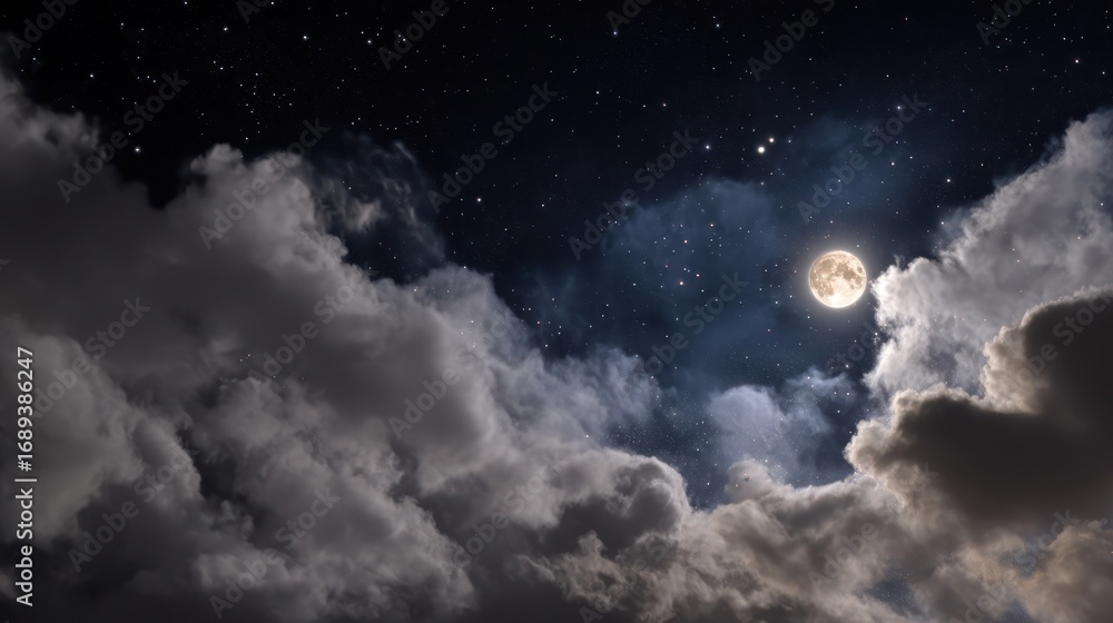 Obraz premium Night scene showing a full moon shining through the clouds with a starlit sky above