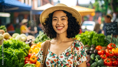 Woman at farmer's market smiling