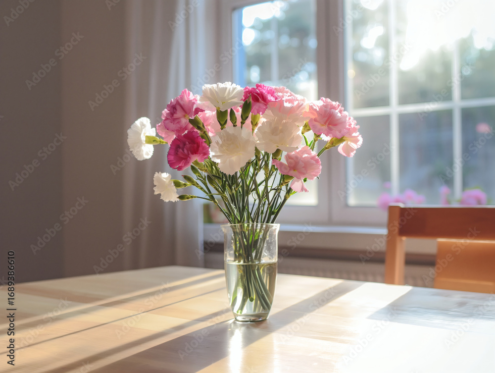 Fototapeta premium 窓辺に咲くカラフルなカーネーションの花瓶