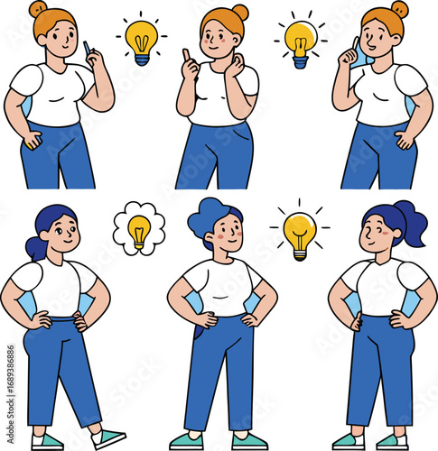 Woman Showing Thought Process from Confusion to Inspiration – 6 Creative Poses