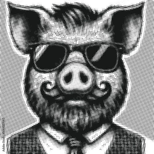 Hipster Pig with Vest and Stylish Beard: Modern & Cool Animal Art, Dot Halftone, Black and White, Unique Swine Character Design