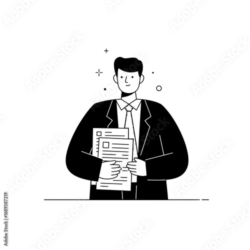 Wallpaper Mural Man in Suit Holding Documents, Black and White Minimalist Illustration Torontodigital.ca