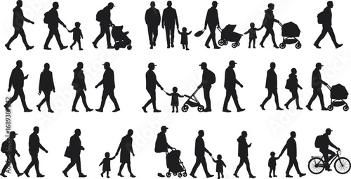 Silhouettes of walking families with children, strollers, cycling parent, urban lifestyle, diverse group, active movement, parenting moments, casual poses, health, fitness, vector illustration