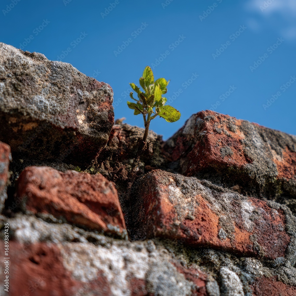 Fototapeta premium A small, vibrant plant sprouts through a weathered brick wall against a vibrant blue sky
