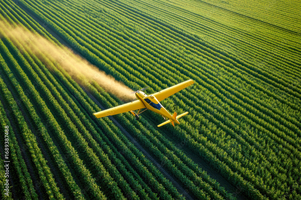 Fototapeta premium Aerial view of yellow crop duster plane flying over vast green farm fields, spraying a thick dust cloud over rows of healthy crops.