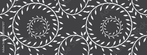 Seamless pattern with spiral leaf ornament in elegant circular design. Decorative vector background ideal for fabric, wallpaper, and digital projects. Stylish minimal botanical artwork.