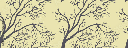 Seamless tree branch pattern with elegant silhouette design in dark outline style on beige background. Perfect for wallpaper, fabric, and wrapping decoration. Modern natural vector artwork.