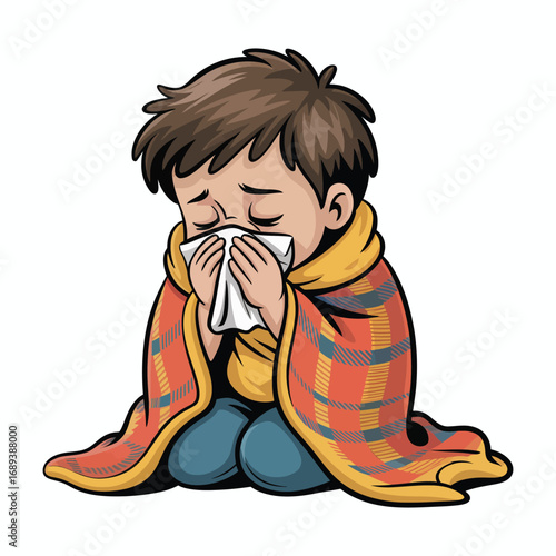 Sick Child Wrapped in Blanket Blowing Nose – Cozy Illness Concept, Childcare, Health and Wellness, Cold Symptoms, and Home Comfort