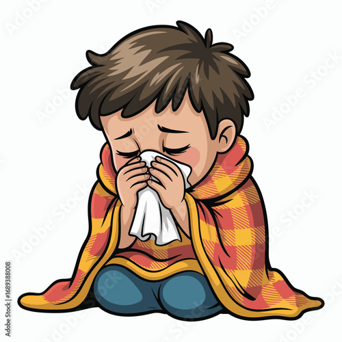Sick Child Wrapped in Blanket Blowing Nose – Cozy Illness Concept, Childcare, Health and Wellness, Cold Symptoms, and Home Comfort