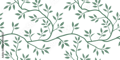 Seamless pattern with elegant leafy branches in a natural line art style. Decorative botanical design perfect for fabric, wallpaper, and eco packaging. Minimal nature background for creative projects.