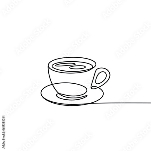 Minimalist line art drawing of a coffee cup and saucer