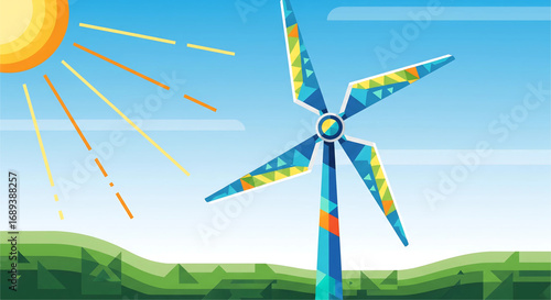 Clean Energy Colorful Wind Turbine Under Sunny Sky